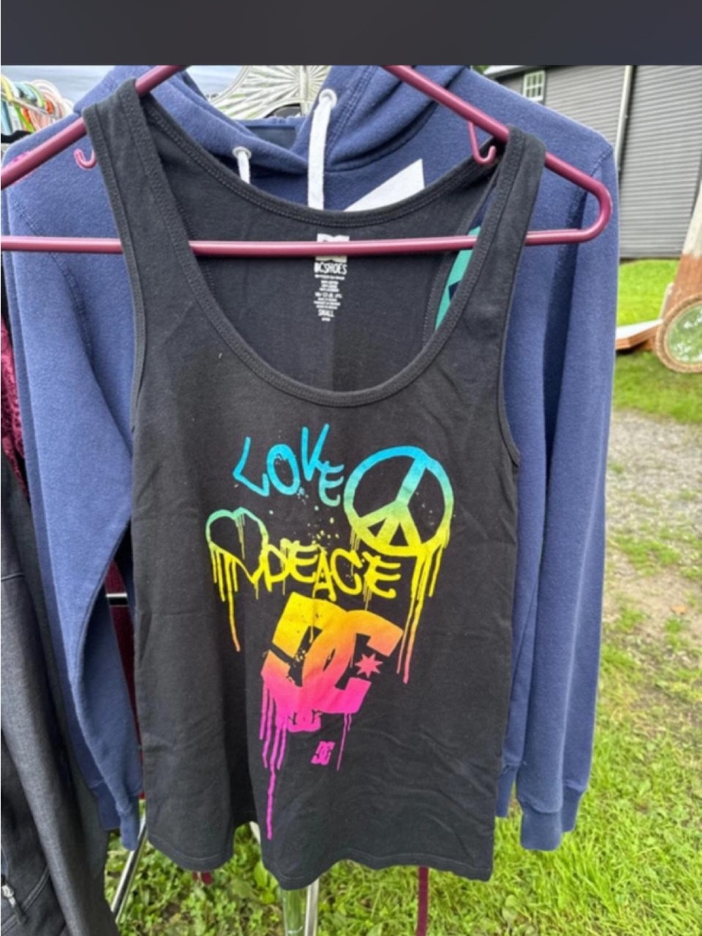 DC Black Tank Top with Neon Love Peace Graphic